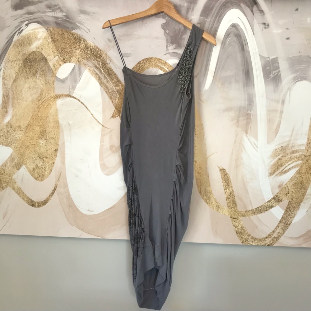 GUESS | Grey One Shoulder Bodycon Dress with Metal Details and Ruching Size M